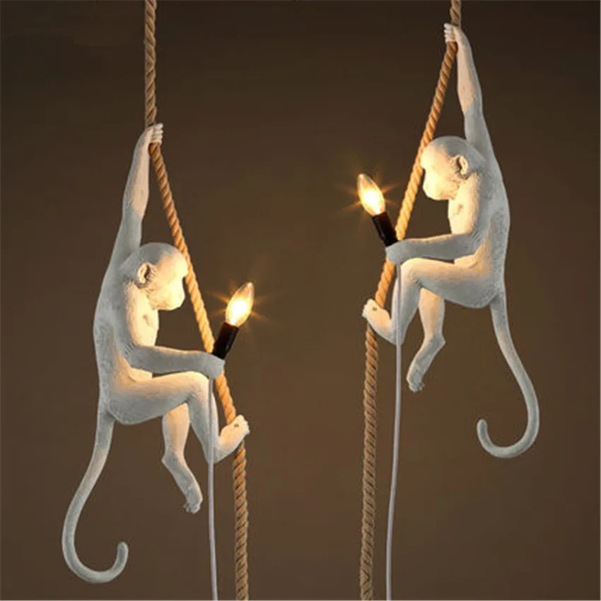 Modern Handmade Resin Monkey Edison Pendant Lamp Loft Style Hemp Rope Pendant Light for Home Lighting Bar Cafe Hanging Lamp Deco