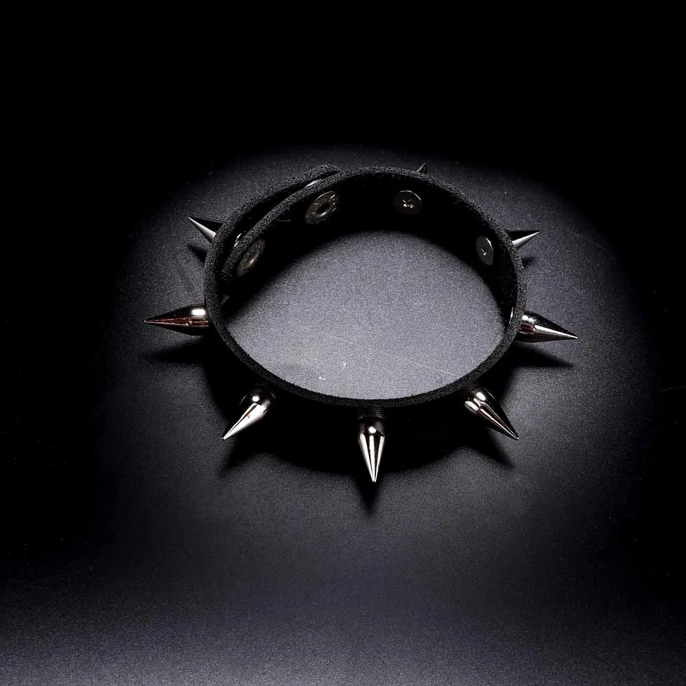 New Unisex Women Punk Black Bracelet Silver Color Spike Rivet Cone Black Leather Cuff Wristband Adjustable