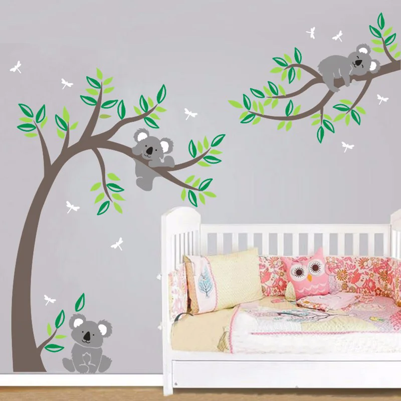 Koala And Branch Wall Sticker Koala Tree Wall Decal With Dragonflies Koala Bear Wall Decal for Baby Nursery, Kids, Children Room