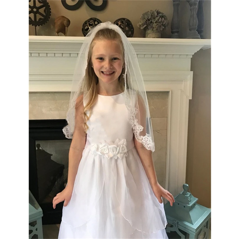 Ishsy Bruiloft Bloem Meisjes Eerste Communie Veils Kinderen Kids Applique Edge Tulle Veil Voile Fille Mariage Velo De Novia