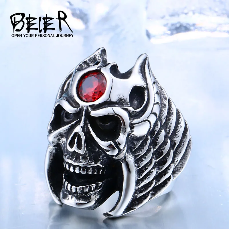 BEIER Hiphop 316L Hot Sell 316LStainless Steel Winged Skull With Red Stone Cool Punk Ring Jewelry drop shipping BR8-415