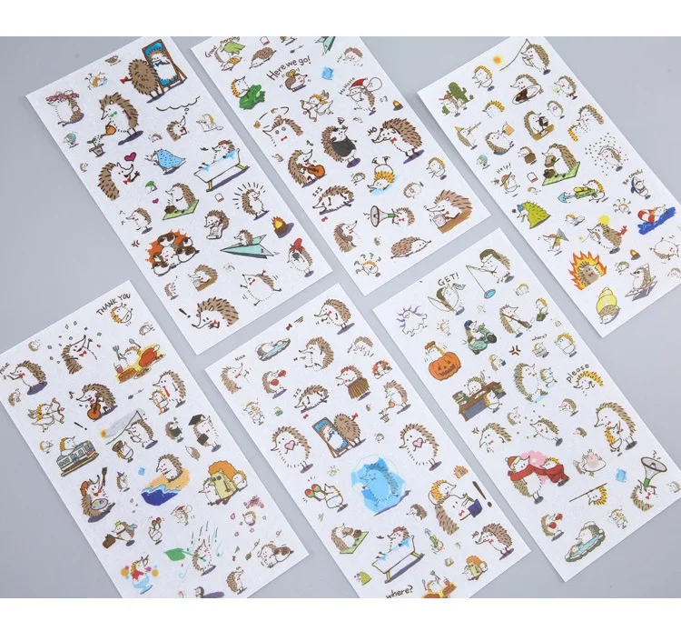 6 Sheets/Set Kawaii Cute Hedgehog Decorative Mobile Stickers Scrapbooking DIY Craft Stickers Stationery