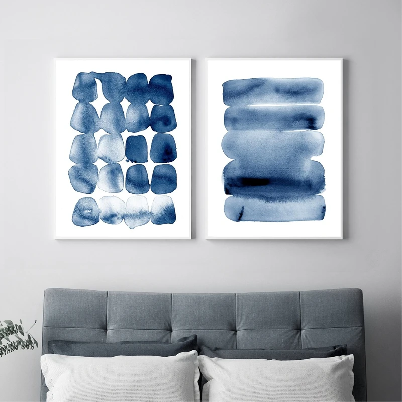 Abstract Watercolor Wall Art Modern Minimalist Painting Picture Navy Blue Brush Stroke Large Poster And Print Bedroom Home Decor