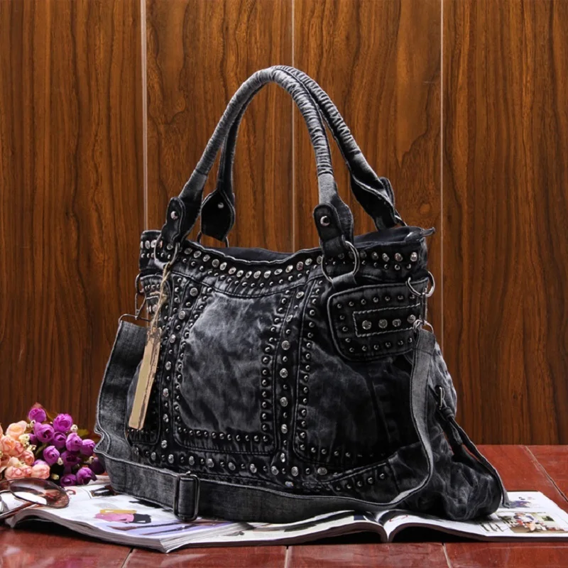 New Vintage Denim Jeans Women Bag HandBags Zipper Shine Rivets Rhinestone Purse Woman Totes Female Shoulder Messenger Bag