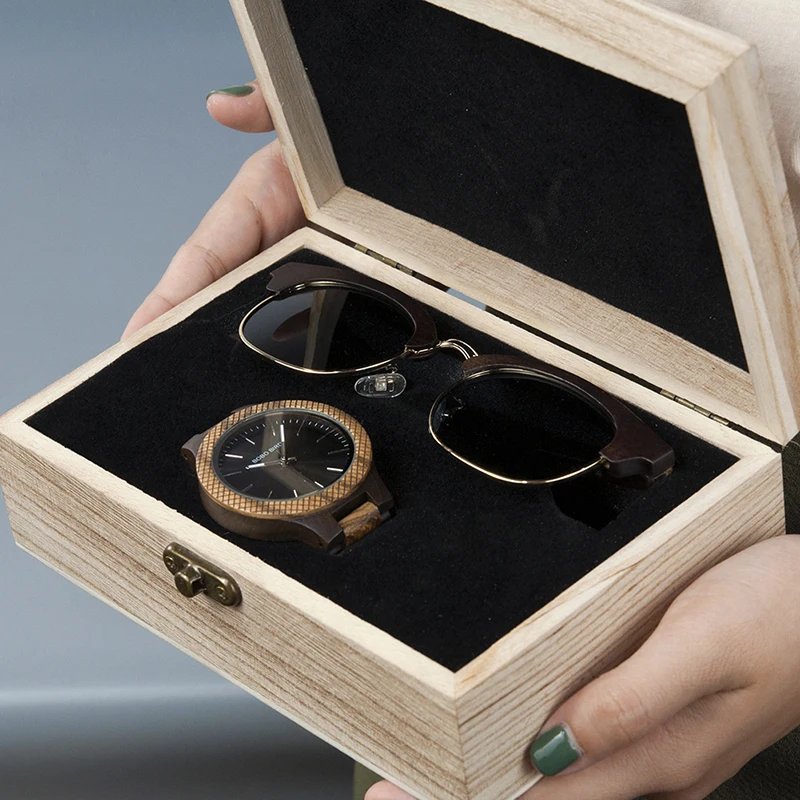 BOBO BIRD Men's Watch Sunglasses Set Wooden Timepieces Japan Movement Quartz Watches Men Great Custom Gift reloj hombre