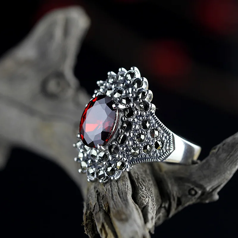 BOCAI 2021 Fashion Real s925 Silver Jewelry Fashionable Woman Ring New Style Antique Personality Garnet Ring for Woman