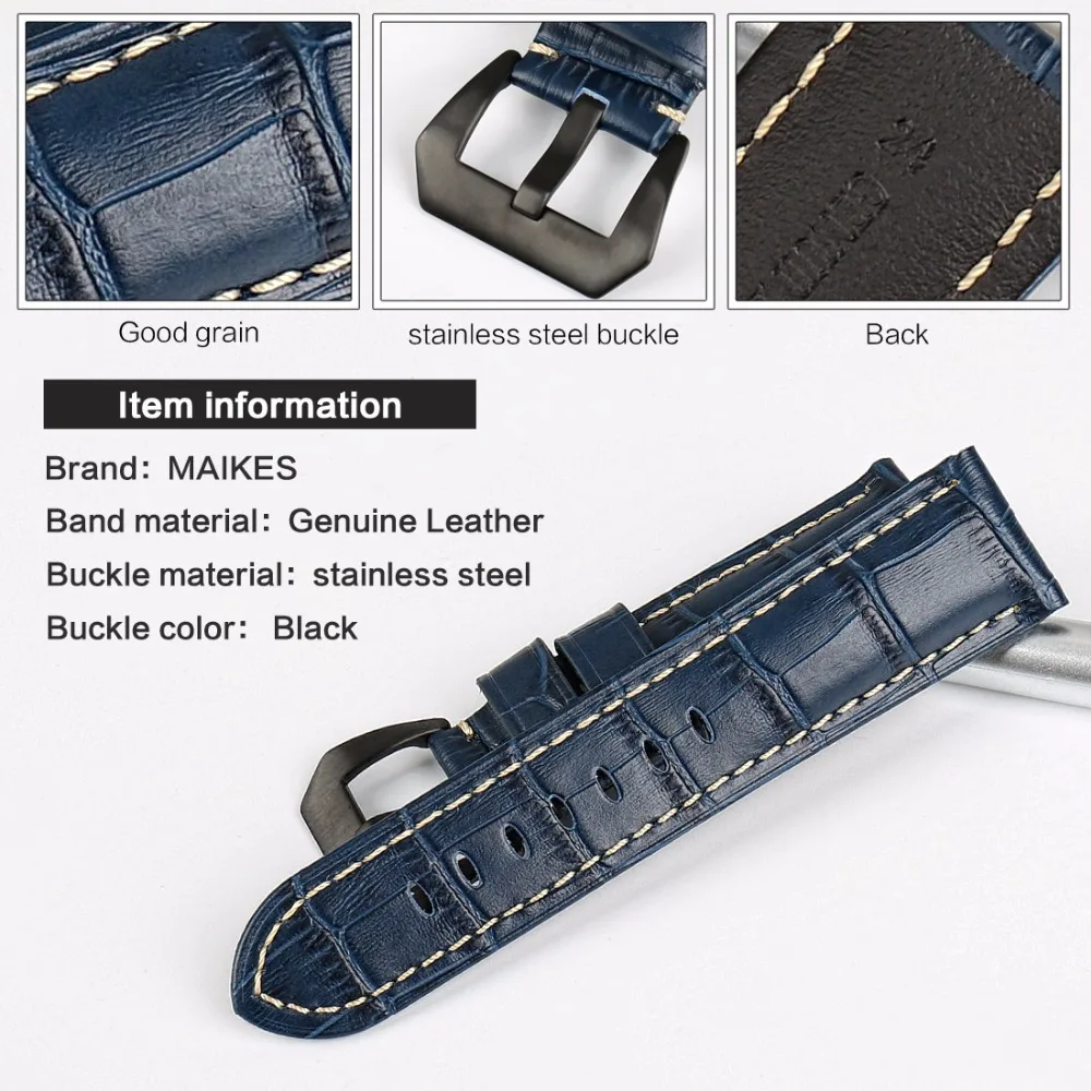 MAIKES Quality Genuine Leather Watch Strap 22mm 24mm 26mm Fashion Blue Watch Accessories Watchband for Men Women