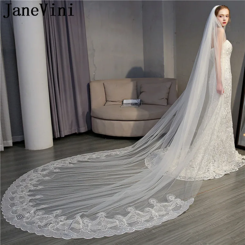 

JaneVini Bling Bling Sequins Wedding Veil with Comb 2019 Long One Layer Bride Veils Ivory 3.5 Meters Lace Edge Bridal Veil Voil