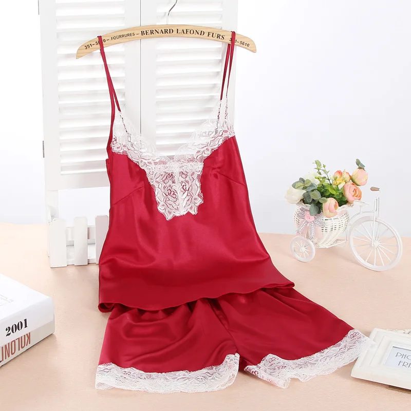 Two Pieces women's Pijama Set Free Shipping 2022 New Design Summer Style v-neck Pajamas Set Silk Nightwear With Short Pants Hot