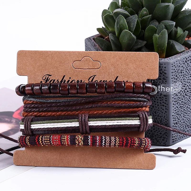 4pcs/set hippie punk boho dark brown leather wood beads wax cord knots wrap wide Bracelets Bangles for man hand jewelry