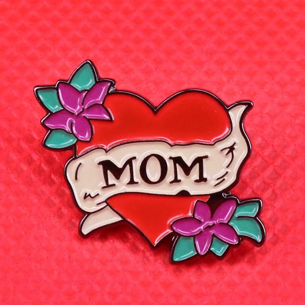 

Mom enamel pin leaf flowers brooch red heart badge romantic tattoo jewelry mother's day gift
