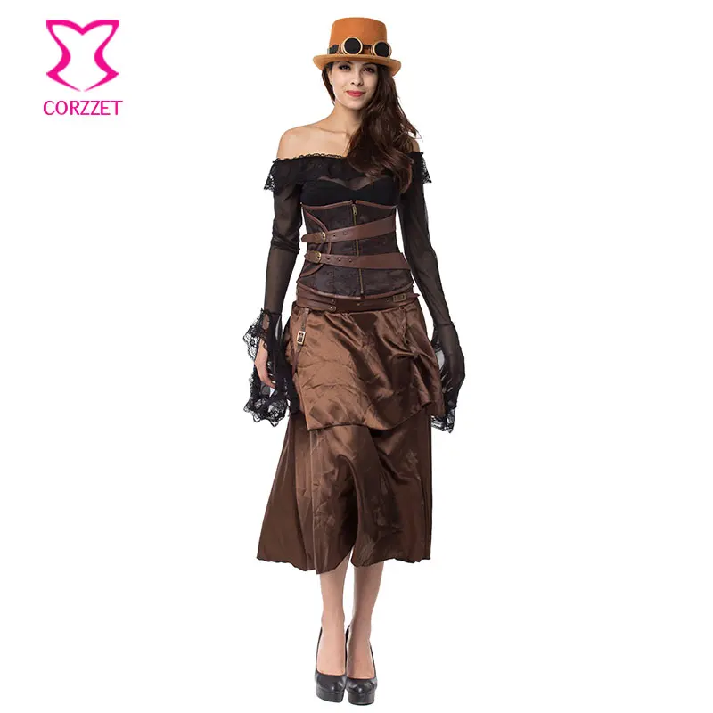 

Corzzet Vintage Brown Steampunk Corset and Long Skirts Sets Waist Control Underbust Corsets And Dress Sexy Gothic Clothing