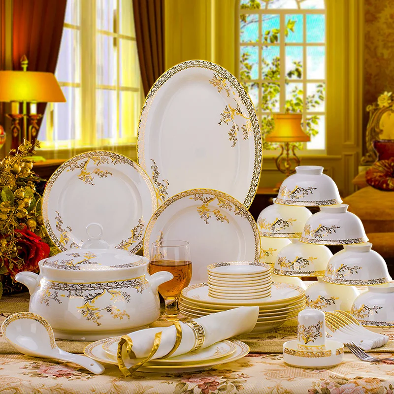 56PCS Dinnerware Set Dishes Bone China Combination Tableware Dishes Plates Ceramic Dinner Service Set