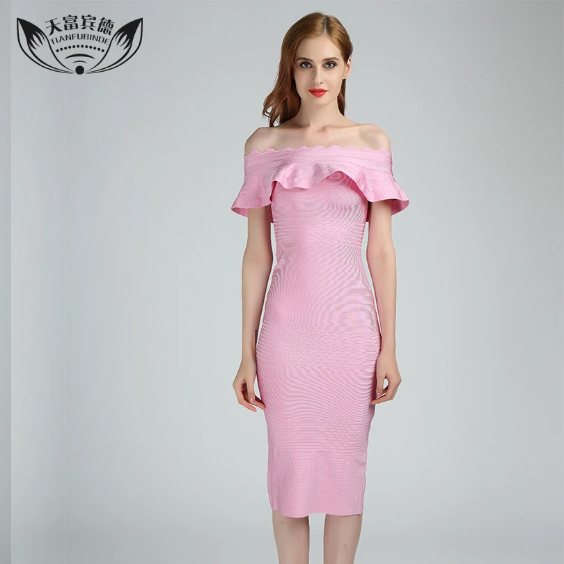 

2017 Summer Women Slash Neck Dresses Ruffles Design Knee Length Party Dress Elegant Ladies Butterfly Sleeve Pink Bandage Dress