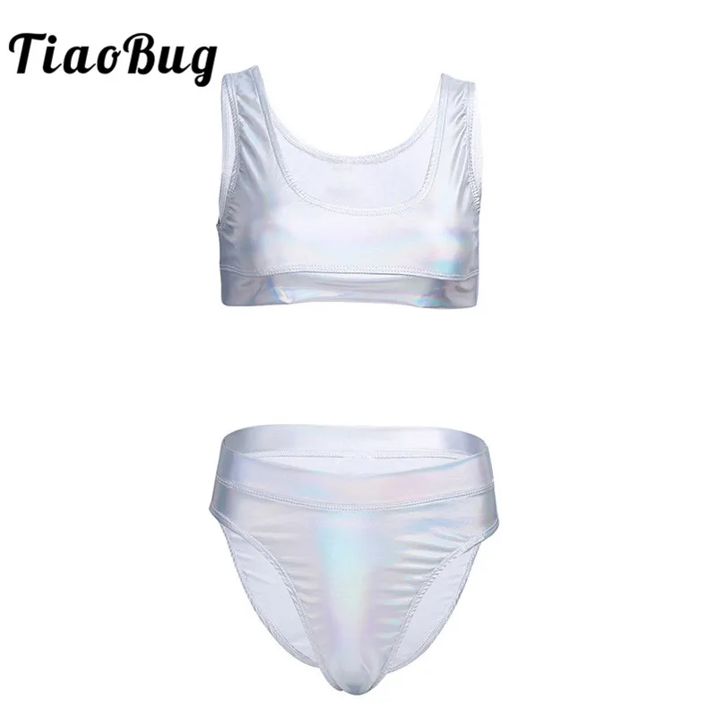 

TiaoBug Women Shiny Metallic Patent Leather Sleeveless Crop Top with Briefs Bathing Suit Sexy Swimsuit Swimwear Adult Bikini Set