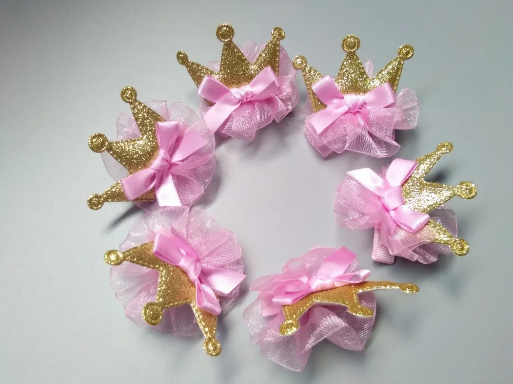 

Boutique 10pcs Fashion Cute Glitter Gold Tiaras Hairpins Solid Pink Gauze Floral Bow Crown Hair Clips Princess Hair Accessories