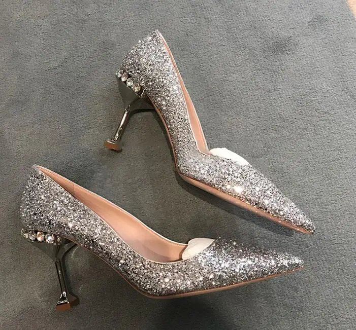 

Carpaton Woman High Heel Wedding Shoes 2019 Pointed Toe Silver Glitter Embellished Thin Heels Pumps Sexy Slip on Party Shoes