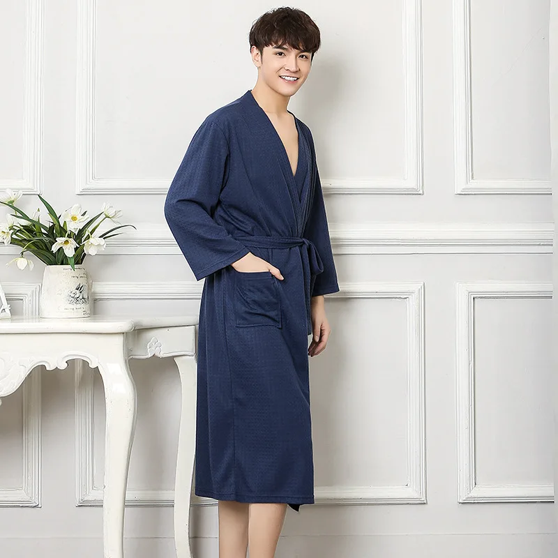 New Men Robe Spa Home Dress Chinese Waffle Nightwear Solid Sleepwear Male Nightgown Kimono Bathrobe Gown Plus Size M XL XXXL