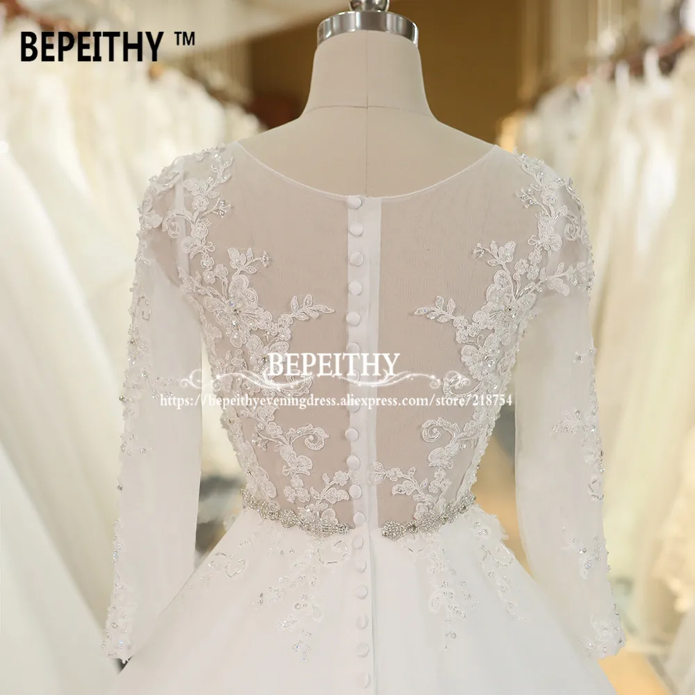 Bepeithy personalizado robe de mariage vestido de baile princesa vestido de casamento com faixa de cristal mangas compridas rendas vestidos de noiva 2022