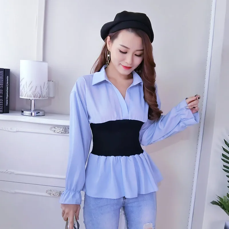 Spring Autumn Women White Blouse Tops Sexy V-Neck Patchwork Blouses Female Casual Long Sleeve Shirt Ruffles Office Shirts AB1233