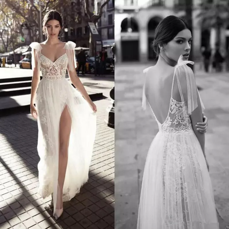 

Backless Vestido De Noiva Muslim Wedding Dresses A-line Spaghetti Straps Tulle Lace Beach Boho Wedding Gown Bridal Dress