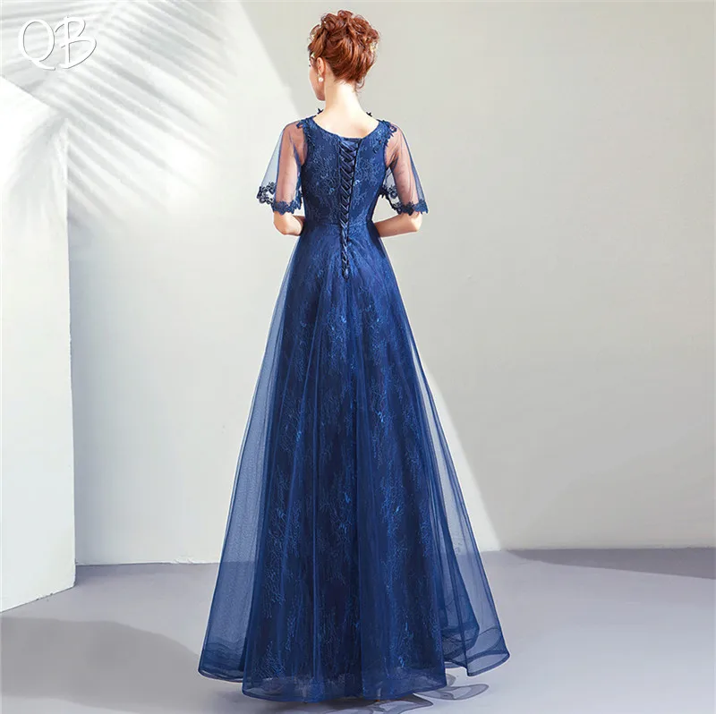 Navy Blue A-line V-neck Tulle Lace Beading Luxury Formal Evening Dresses 2020 New Fashion Bride Party Prom Dress XK211