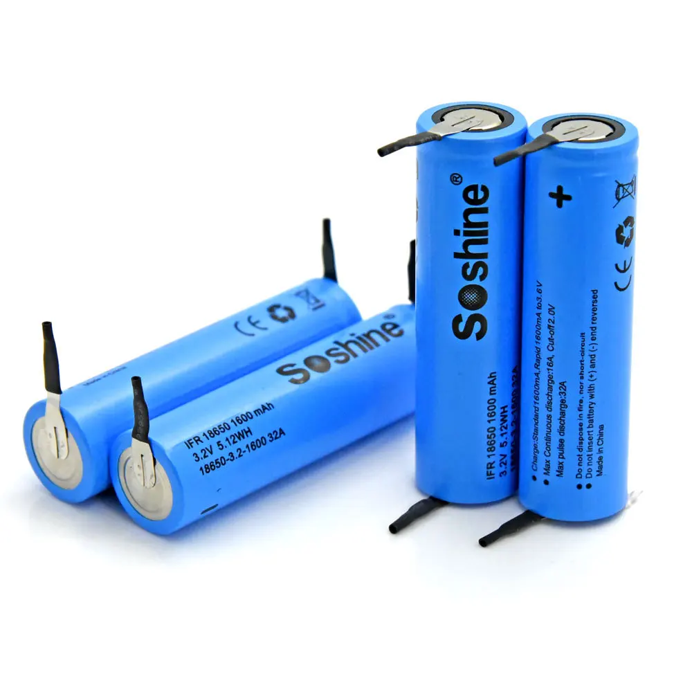 4pcs Soshine LiFePO4 18650 3.2V 1600mAh Rechargeable Battery with tab Spot welding battery