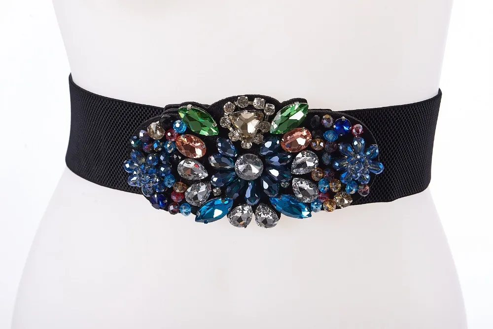 Brand Luxury Rhinestone Dress Belts Women Colorful Crystal Gem Elastic Waistband Fashion Ladies Corset Summer Dress Accessories