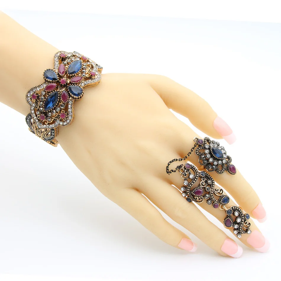 Vintage Turkish Women Hollow Flower Bangle Ring Retro Jewelry Sets Symmetrical Butterfly Bracelet Cuff Vines Double Finger Ring