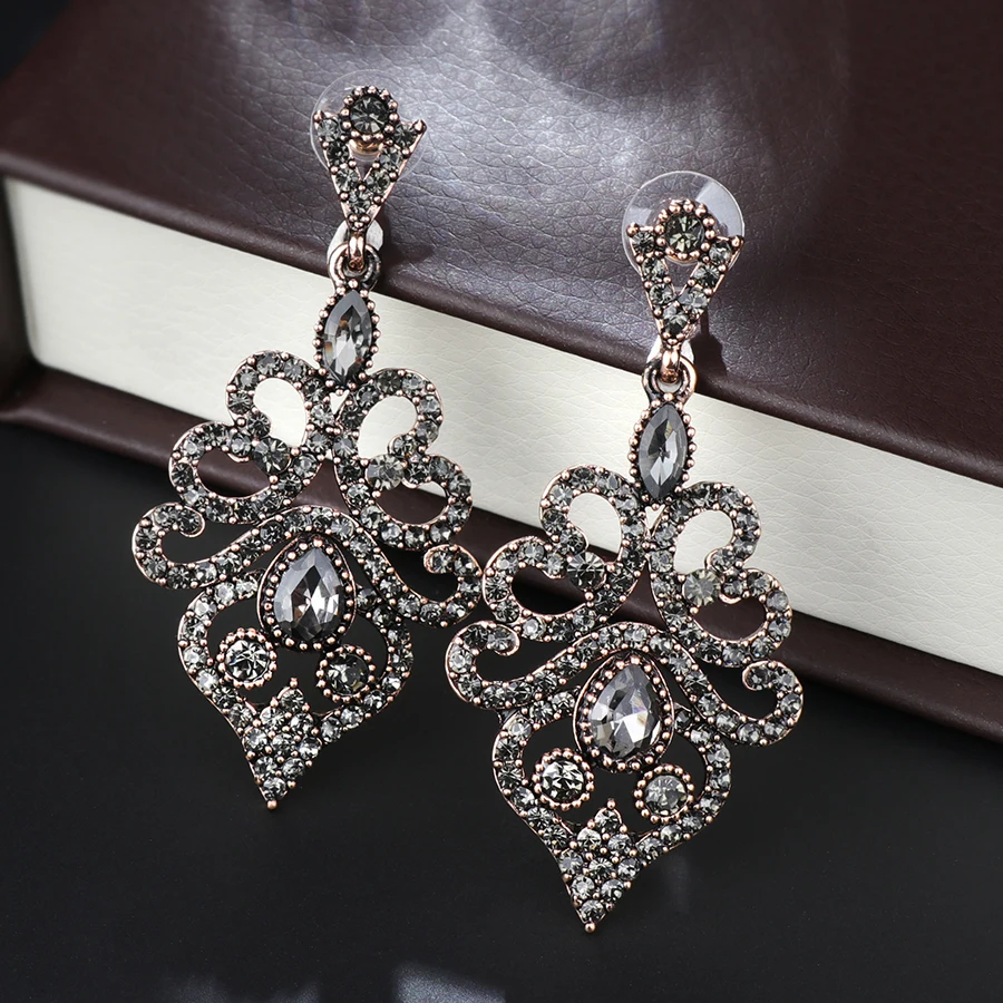 Kinel Boho Women Earrings Antique Gold Vintage Drop Earrings Gray Crystal Flower Ethnic Turkish Jewelry