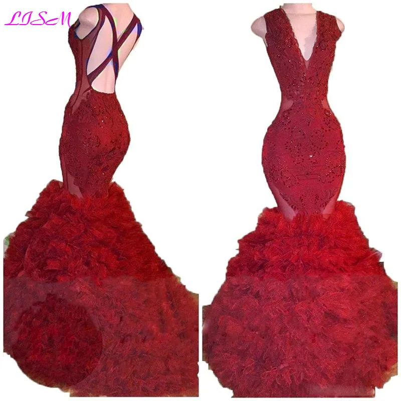 V-ausschnitt Perlen Meerjungfrau Prom Kleid 2019 Lange Sexy Backless Rüschen Abend Formal Pageant Kleider Spitze Applique Perlen Party Kleider