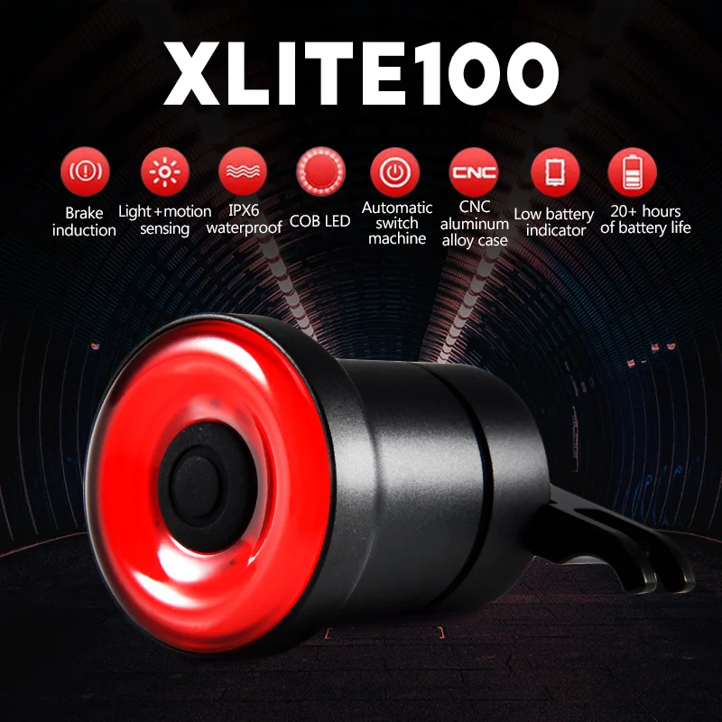 XLITE100 LED Bike Flashlight For Bicycle Auto Start/Stop Brake Sensing IPx6 Waterproof USB Smart Tail Light For Bicycle Saddle