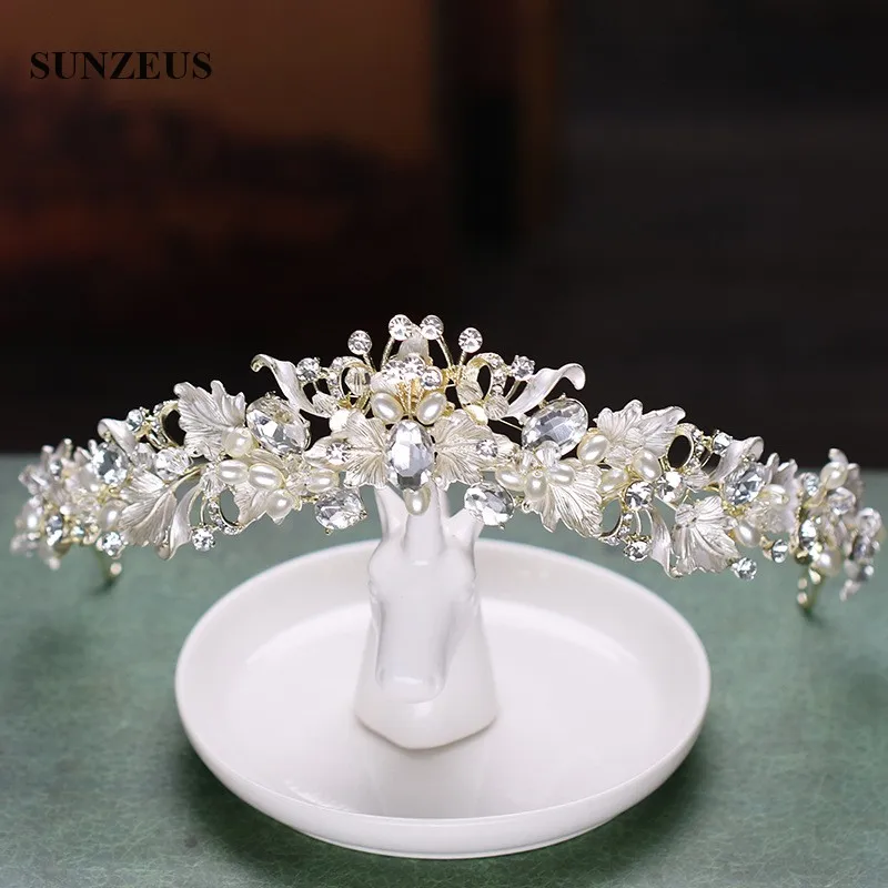 Neuer Stil Silber Braut Tiara Perlen Strass Hochzeit Krone Blätter Stirnband Ehe Zubehör sq0242