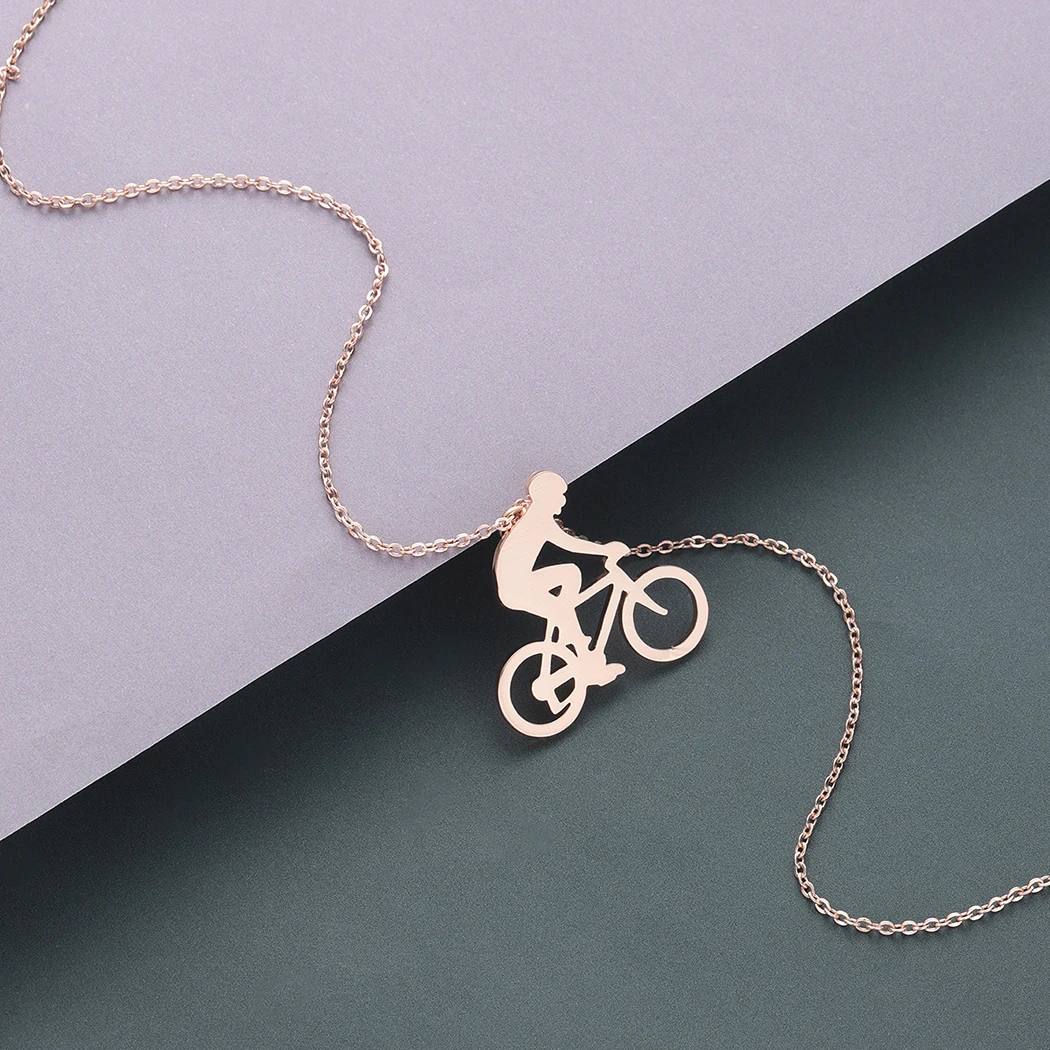 Kinitial Fashion Charm Bicycle Bike Rider Pendant Necklace for Mens Women Stainless Steel Chian Necklaces Jewelry collares
