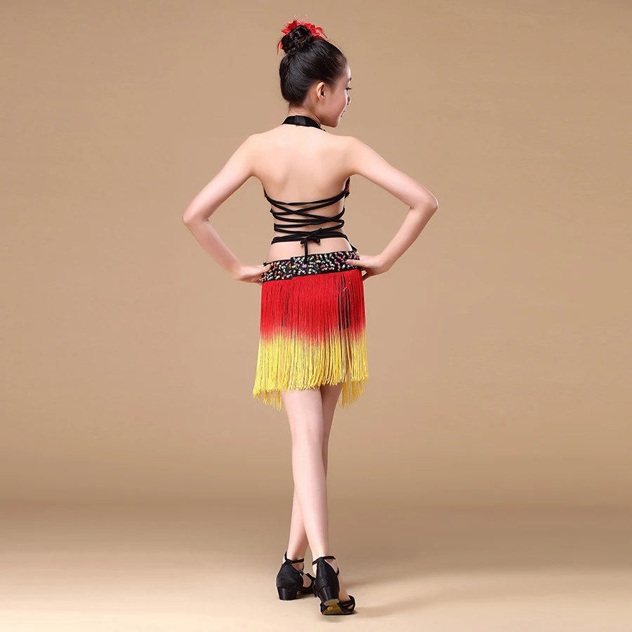 8-15 Years Performance Children Dance Outfit V-neck with Beads Backless Tassel Fringe Competition Latin Dance Dress for Girls