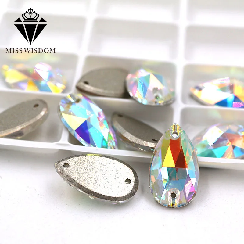 High quality flatback glass double hole crystal sew on rhinestones Teardrop shape AB color Flat buckle diy clothing accessories