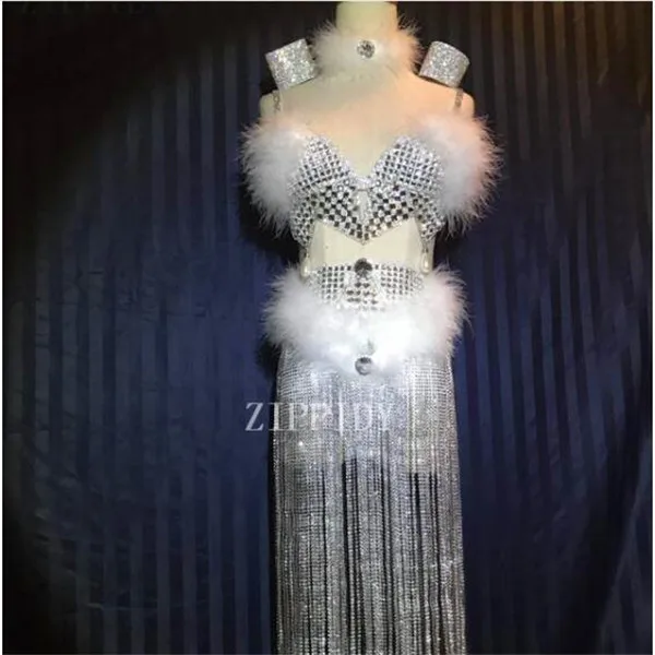 

Silver White Tassel Shining Bra Hight Waist Short Costume Bar Nightclub Female Singer Dancer Ds Performance Outfit Clothing Set