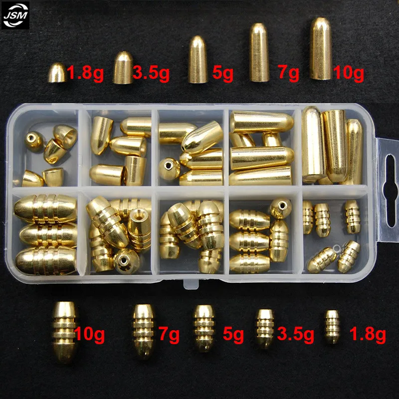 

Латунные рыболовные грузила JSM, 50 шт., 5 размеров, для техасской рыбалки, для ловли карпа, Золотая пуля, форма, литой грузила, свинцовые грузила, набор грузил с коробкой
