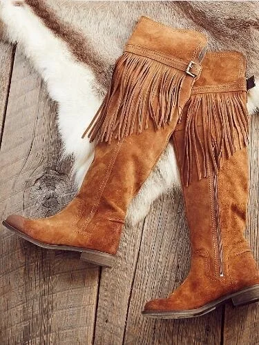 

hot selling grey suede long Tassel flat boots over the knee long boots women dressing concise fit shoes runway show boots
