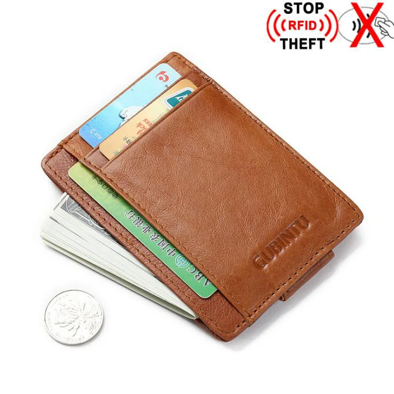 

New Genuine Leather Slim RFID Blocking Wallet For Men Money Clip Small Purse For Male Credit Card Protection Brown Black