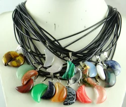 1pcs Moon Necklaces Natural Crystal Pendants Stone Pendant Leather Chains Necklace Women Fashion Jewelry