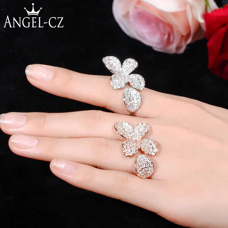 ANGELCZ Brand Fashion AAA CZ Flower Leaf Ring Pave Setting Rose Gold Color Open Resizable Engagement Party Finger Jewelry AR065