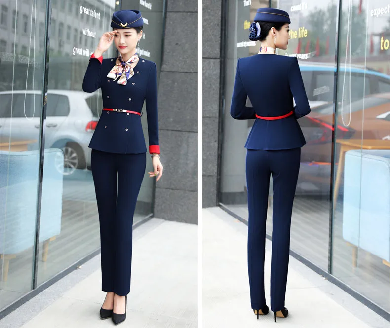 IZICFLY New Style Red Airline Stewardess Clothes Women Pant Suit Hotel Reception SPA Restaurant Waitress Uniform For Work Wear