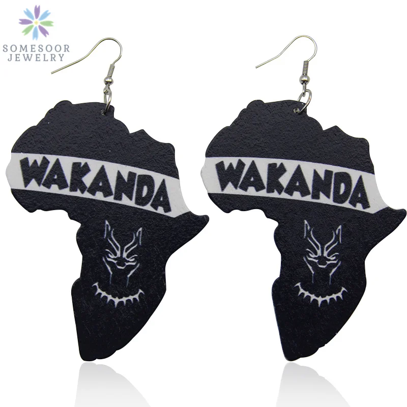 Somesoor wakanda brincos de madeira africano design jóias preto tribal quenn afro motherland mapa padrão para senhora presentes