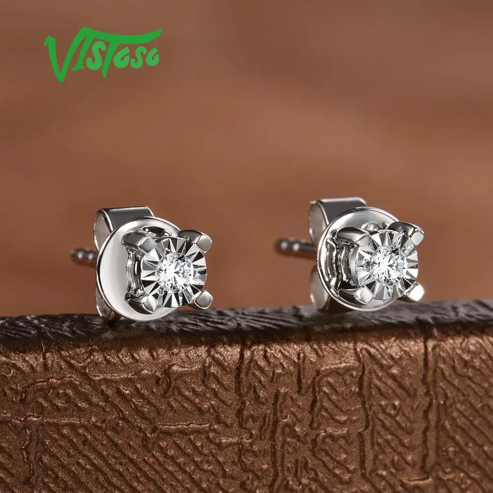 VISTOSO Pure 14K 585 White Gold Sparkling Illusion-Set Miracle Plate Diamond Earrings For Women Fashion Trendy Fine Jewelry