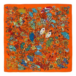 POBING Silk Scarf Women Floral Fan Print Stoles Bandana Female Beach Shawl&Wrap Large Foulard Square Scarves 130*130CM