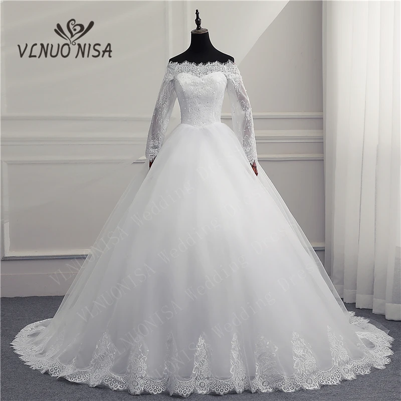 Off Shoulder Elegant Ivory White Plus Size Wedding Dress Long Sleeve VLNUO NISA Bride Ball Gowns Vestidos De Noiva Robe Mariee