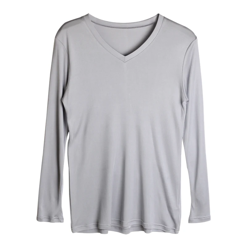 Men basic T shirt 100%Natural Silk V neck Solid shirt long Sleeve top Mens silk top White Black Grey 2022 New Spring Summer