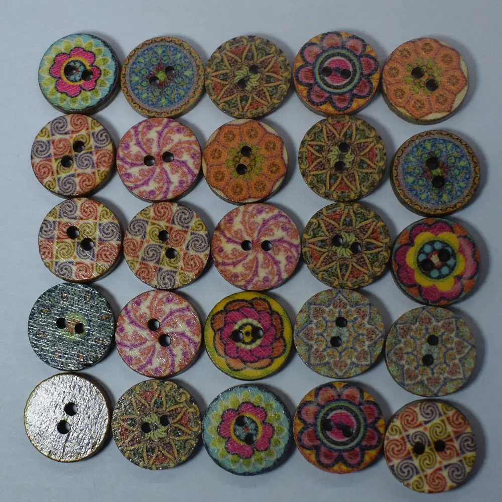 100PCs Wooden Buttons Multicolor Pattern Painting Sewing Buttons Round Scrapbooking Crafts 15/20/25MM