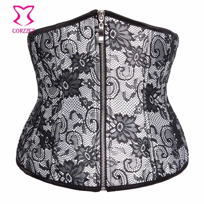 

White Satin Floral Pattern Sexy Corsetti E Bustier Underbust Corset Zipper Front Tight Lacing Corsets Waist Cinchers For Women